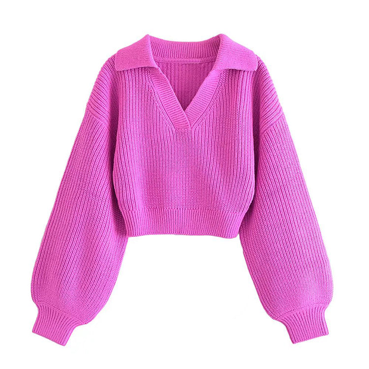 Lapel V-neck Lantern Sleeve Sweater Vintage short sweater  7349