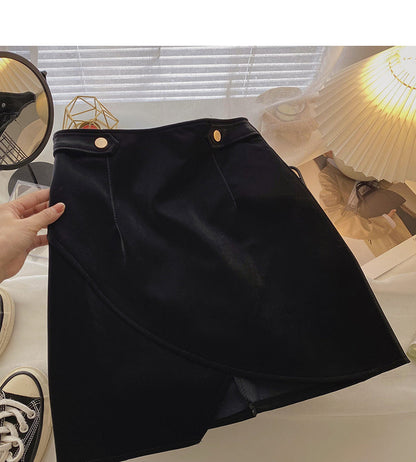 Irregular Hip Wrap thin high waist A-shaped small leather skirt  5541