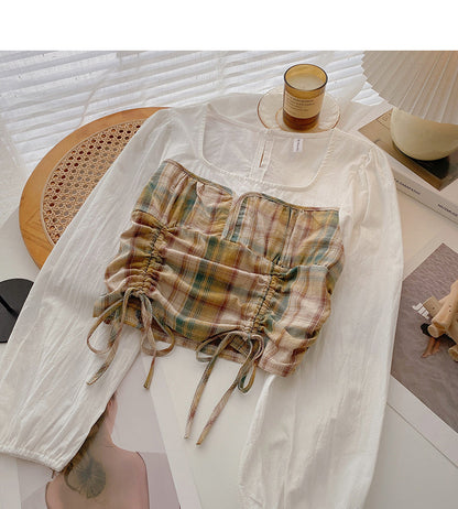 Plaid stitched shirt drawstring fake two tops  6378