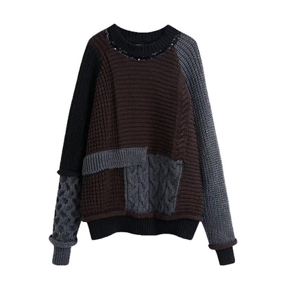 Fashion loose round neck Beaded patchwork sweater  7512