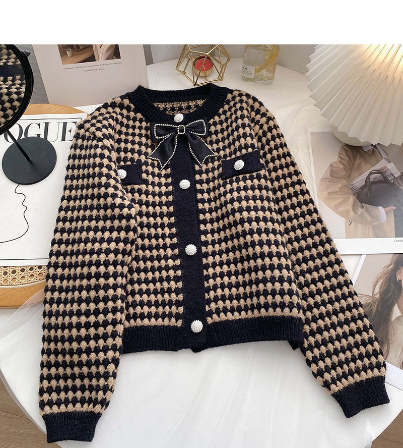Vintage Round Neck Bird check top cardigan  6102