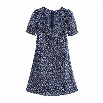 Printed sexy low cut French bubble sleeve dress  7081