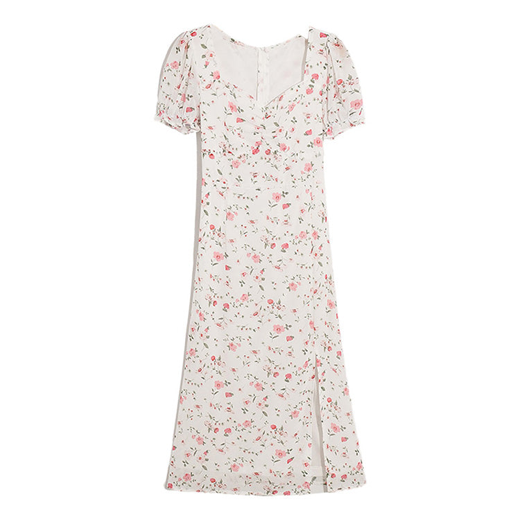 The new broken flower slim slim temperament high waist split fresh and gentle dress  7024