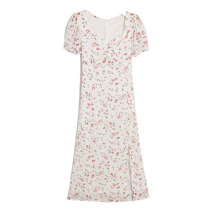 The new broken flower slim slim temperament high waist split fresh and gentle dress  7024