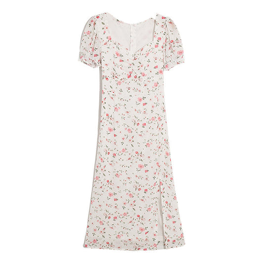 The new broken flower slim slim temperament high waist split fresh and gentle dress  7024