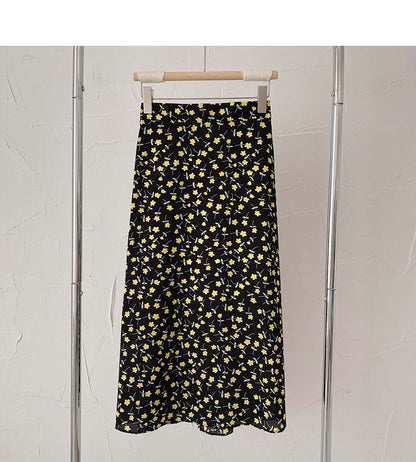 Sweet broken flowers show thin high waist A-shaped medium length skirt  5823