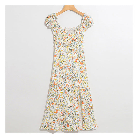 Wind garden small broken flower decoration low breast long dress  7030