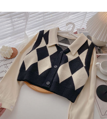 Korean retro Hong Kong style knitted Plaid stitched long sleeves  6339