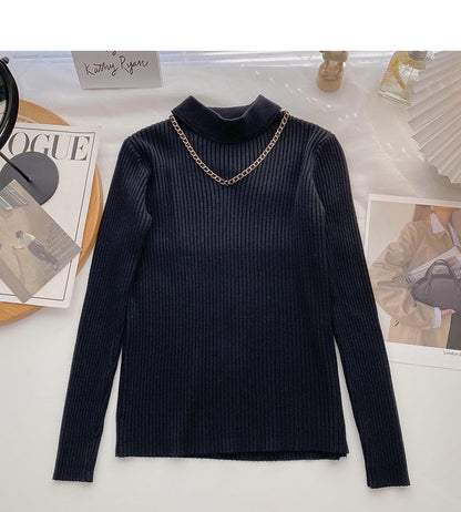 Design sense knitwear stand collar chain long sleeve top  6527