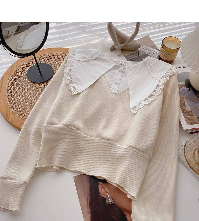 Fashion baby collar stitched sweater Vintage top  6542