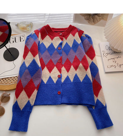 Lingge contrast color sweet retro long sleeved sweater  6206