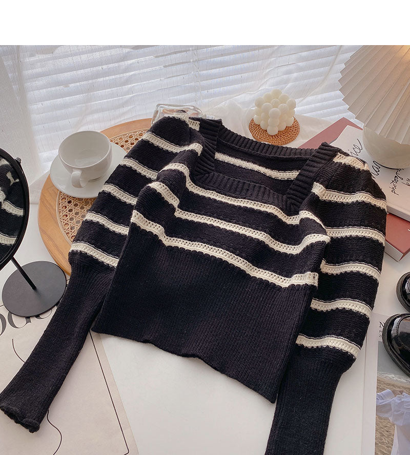 French Vintage striped square neck short lantern long sleeve slim top  6663