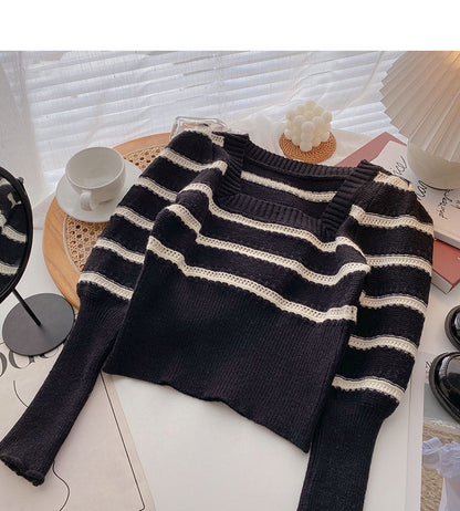 French Vintage striped square neck short lantern long sleeve slim top  6663