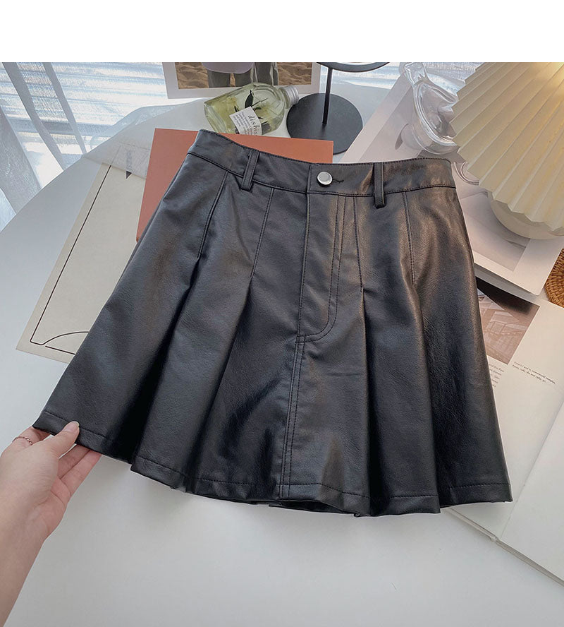 Korean slim fashion age reducing high waist pleated leather skirt  5461