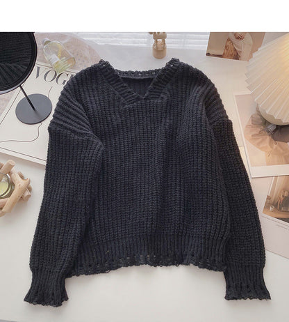 Hollow out knitted sweater casual solid color long sleeve top  6131