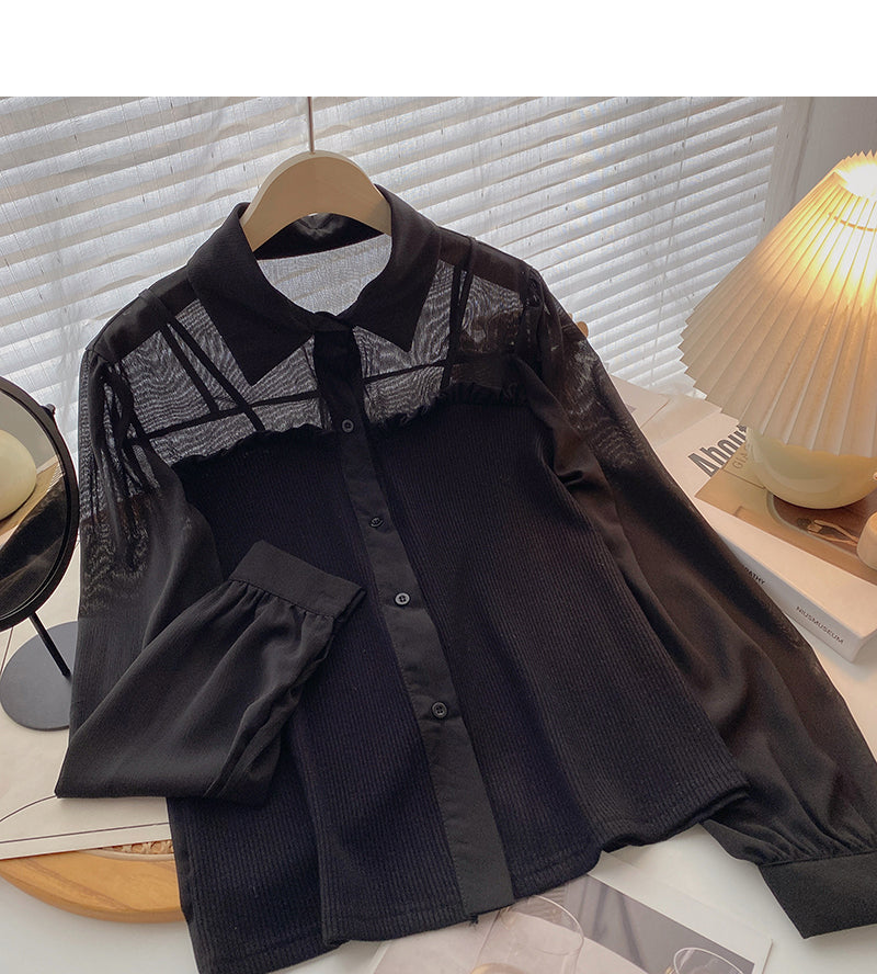 Fungus edge contrast long sleeve splicing shirt  6388