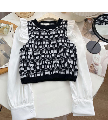 Knitwear Vintage fungus edge long sleeve stitching top  6515