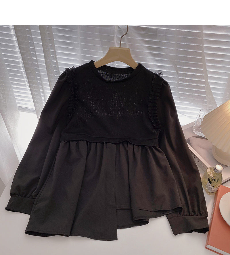 Korean lace knit stitched long sleeve irregular thin top  6314