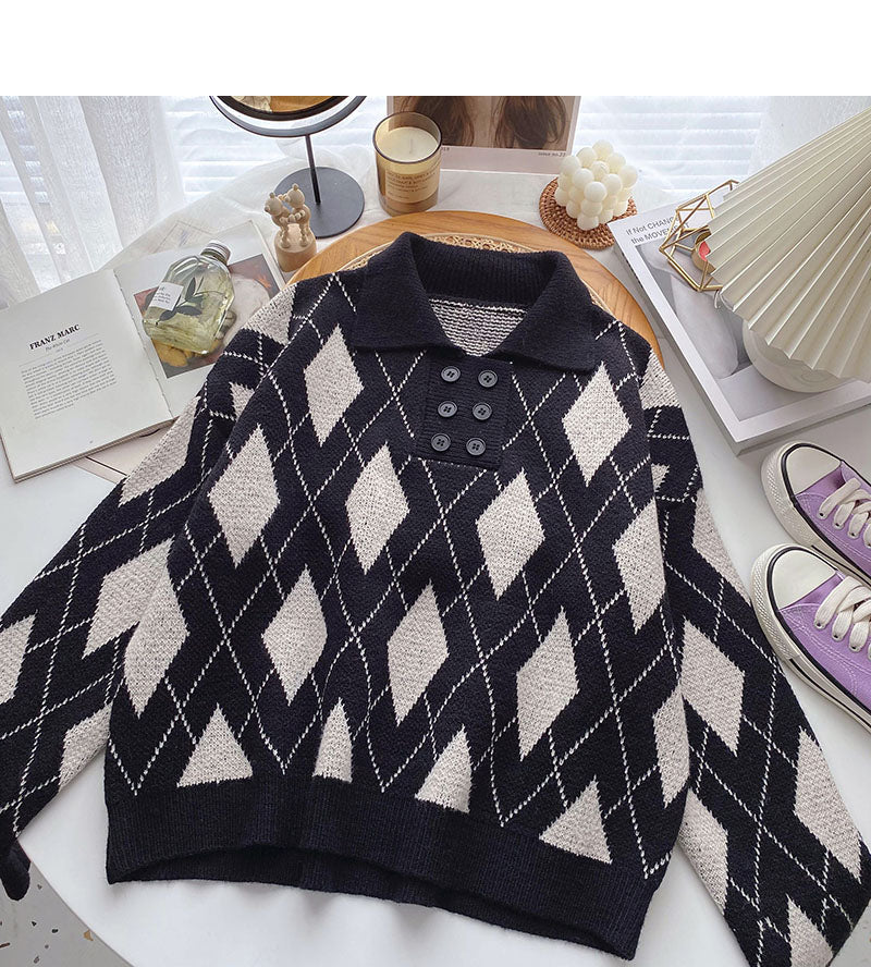 Lapel Pullover design rhombic contrast top  6124
