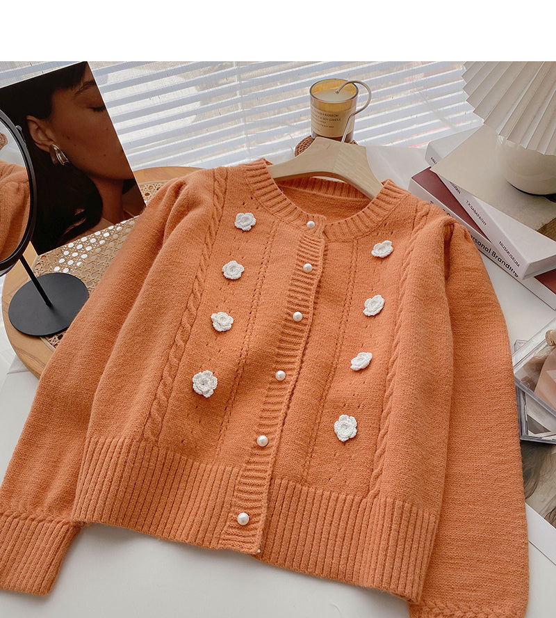 Vintage round neck pearl button cardigan sweater  6003