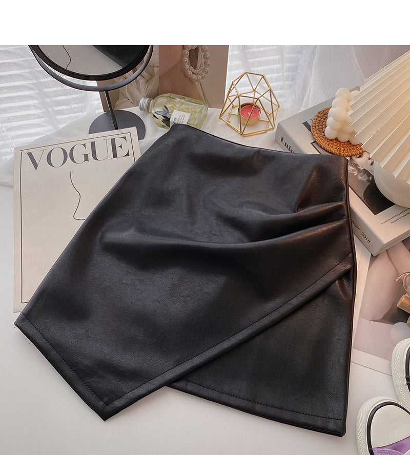 Irregular PU leather high waist wrap hip slim fashion skirt  5576