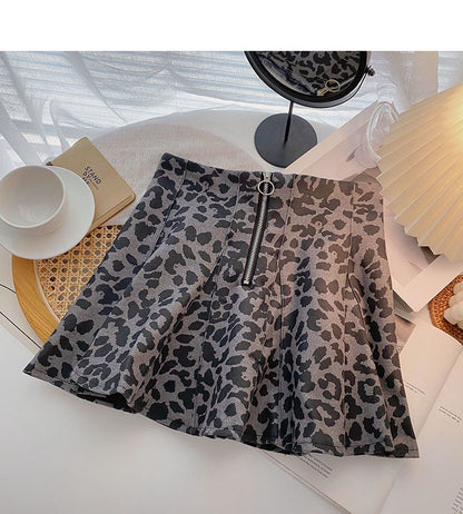 Design sense personalized fashion zipper high waist A-line leopard skirt  5448