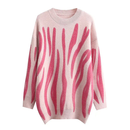 Lazy style retro irregular stripe crew neck loose long sleeve sweater  7359