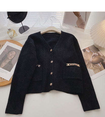 Korean small pocket chain design personalized fashionable V-neck top  6082