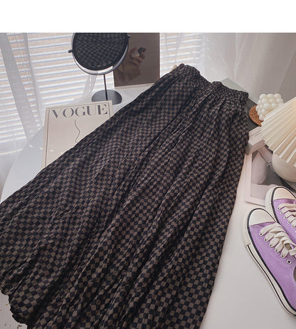 Irregular plaid skirt women's slim high waist elastic A-shaped long skirt  5807