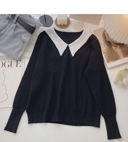 Design sense knitwear Vintage long sleeve Pullover Lapel top  6660