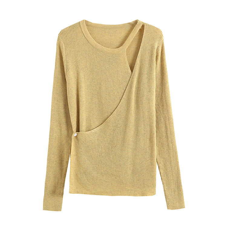 Design sense irregular knit shirt female autumn slim fit pure color bottomed shirt  7267