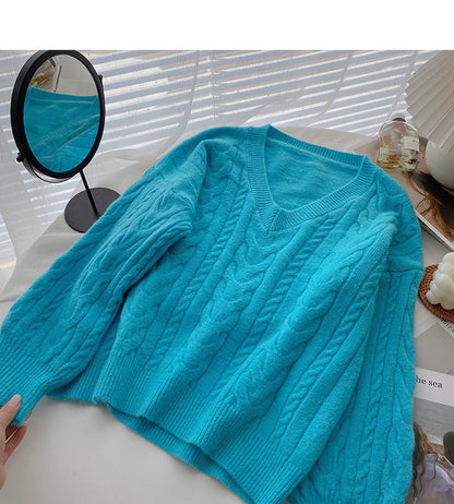 Retro western style thin V-Neck long sleeve loose twist sweater  5959