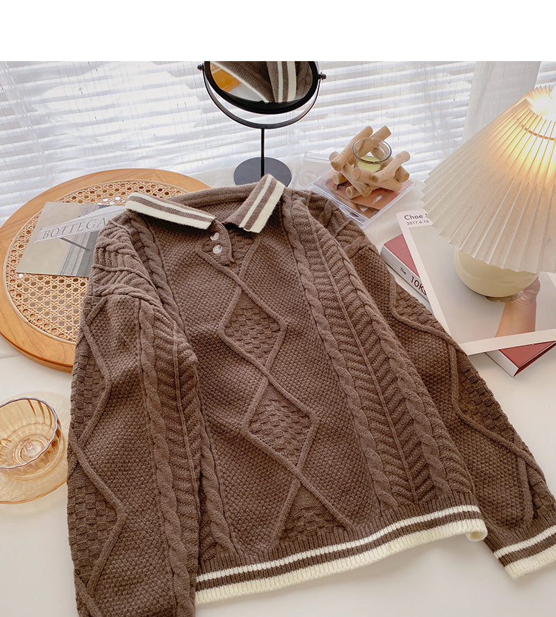 Lapel contrast long sleeve twist sweater  6148