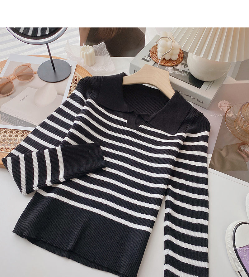 Niche design Lapel contrast stripe slim top  6618