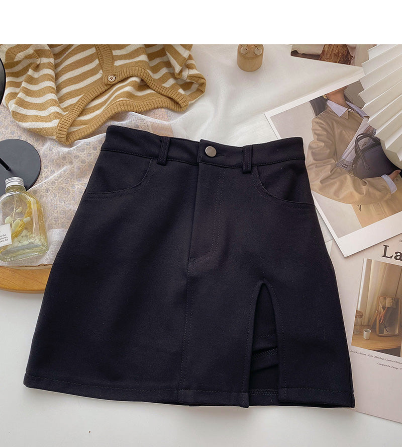 Design: slit wrap hip thin high waist black A-line skirt  5565