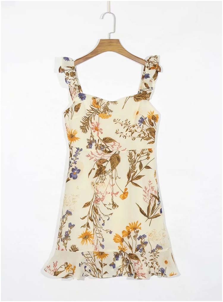 French Vintage printed Ruffle suspender dress  7134
