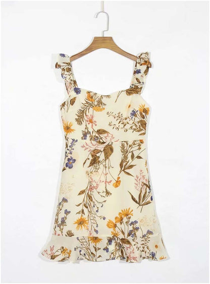 French Vintage printed Ruffle suspender dress  7134