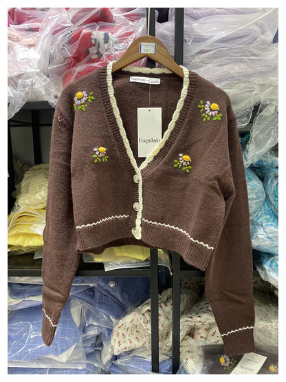 Embroidered sweater cardigan loose open navel sweater coat female  7317