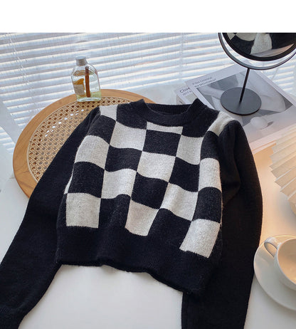 Hong Kong style retro chessboard plaid sweater  5925