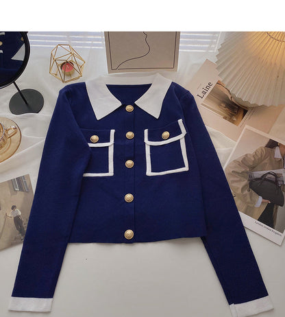 Korean version single row small pocket design contrast color long sleeve top  6669