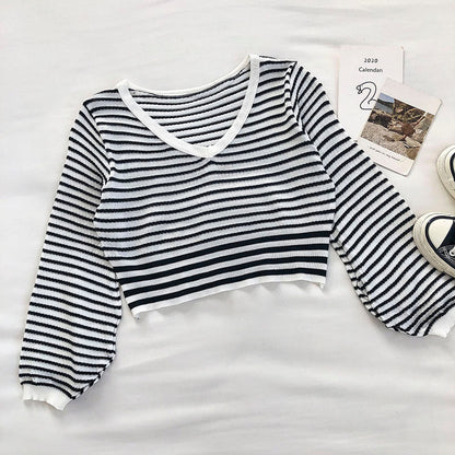 Small fresh stripe knitted sweater Lantern Sleeve short top  6543
