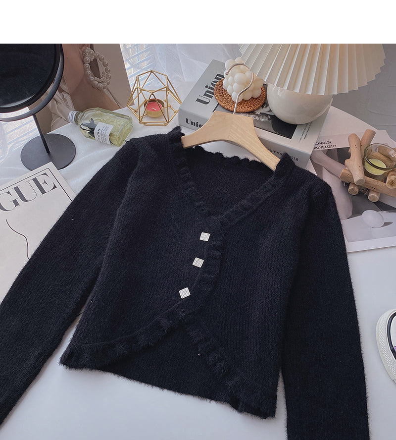 Gentle retro temperament V-neck short slim top cardigan  6153