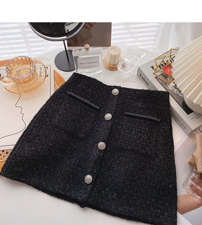 Design sense solid color casual high waist single breasted A-line wrap hip skirt  5550