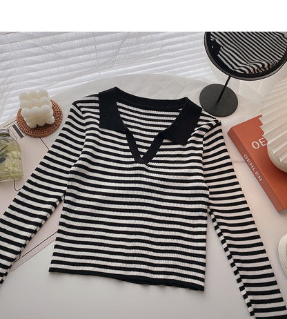 T-shirt Lapel stripe contrast color shows thin slim top fashion  6538