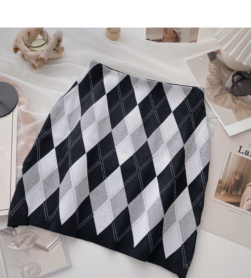 Retro lazy contrast color rhombic lattice Thin High Waist Hip Wrap Skirt  5569