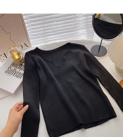 Long sleeved sweater solid V-neck top  6535