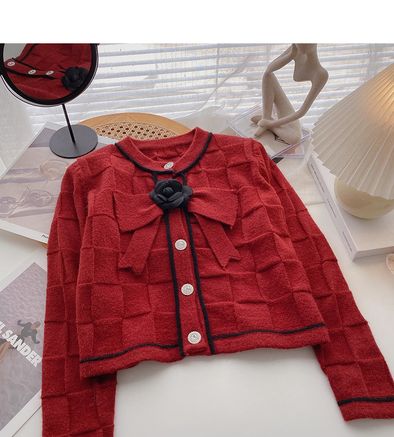 Xiaoxiang style pattern short sweater coat bow flower long sleeve top  6190