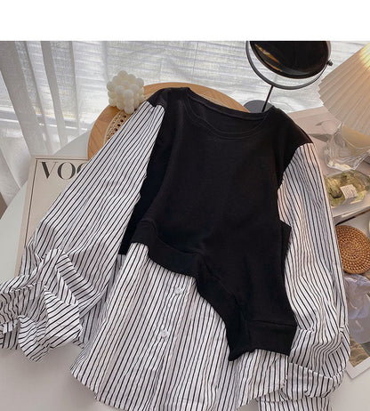 Design sense stripe stitching fake two shirts  6281