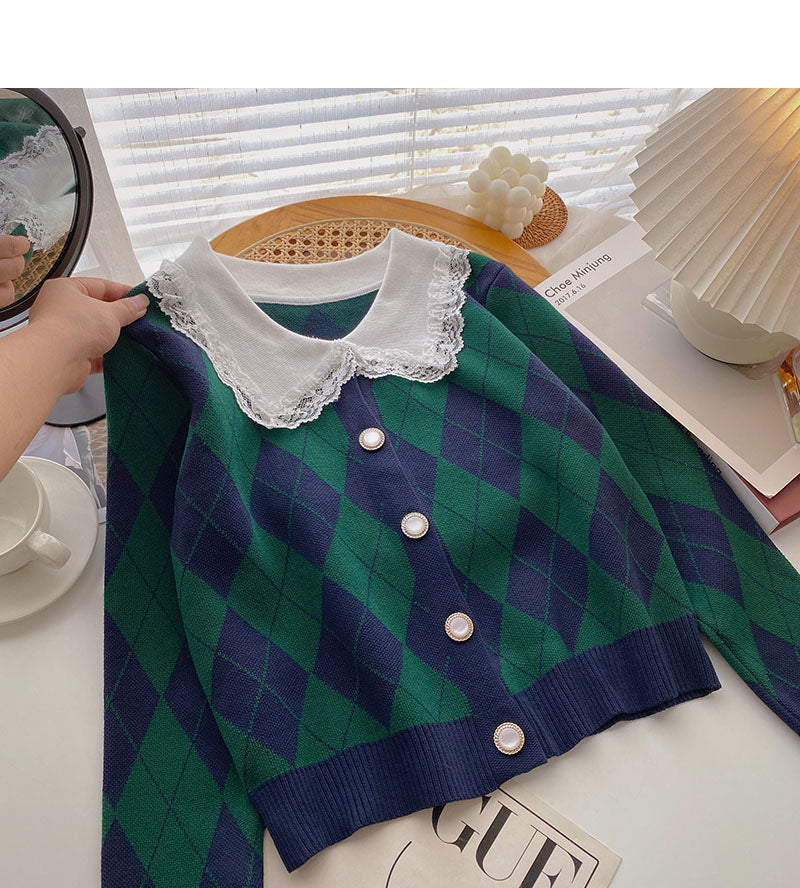 Lace doll neck slim Vintage plaid sweater  6466