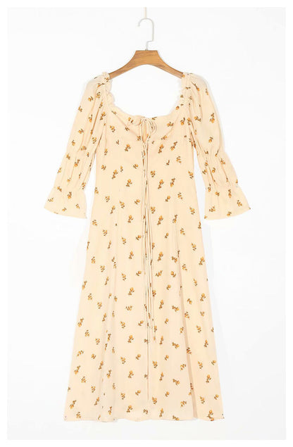 French girl style square neck bow tie lace up bubble sleeve Floral Dress  7044